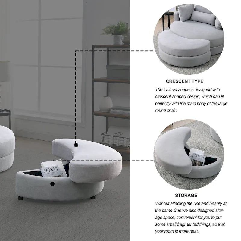 Fauteuil rond et grand Welike Swivel Accent Barrel, canapé moderne gris, avec pouf de rangement
