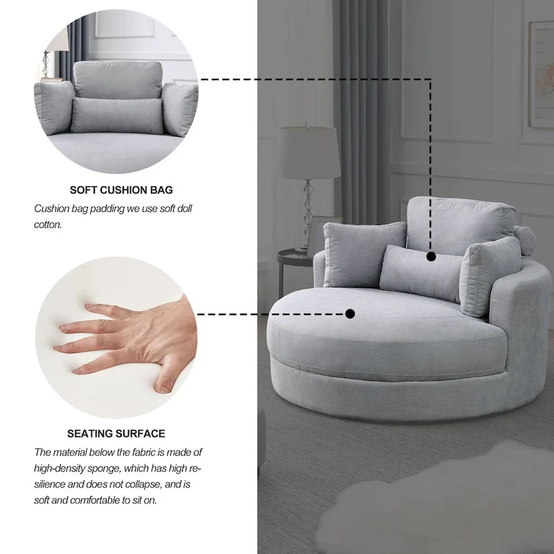 Fauteuil rond et grand Welike Swivel Accent Barrel, canapé moderne gris, avec pouf de rangement