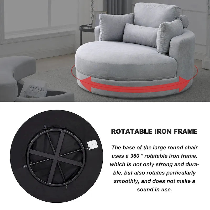 Fauteuil rond et grand Welike Swivel Accent Barrel, canapé moderne gris, avec pouf de rangement