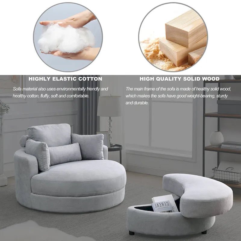 Fauteuil rond et grand Welike Swivel Accent Barrel, canapé moderne gris, avec pouf de rangement
