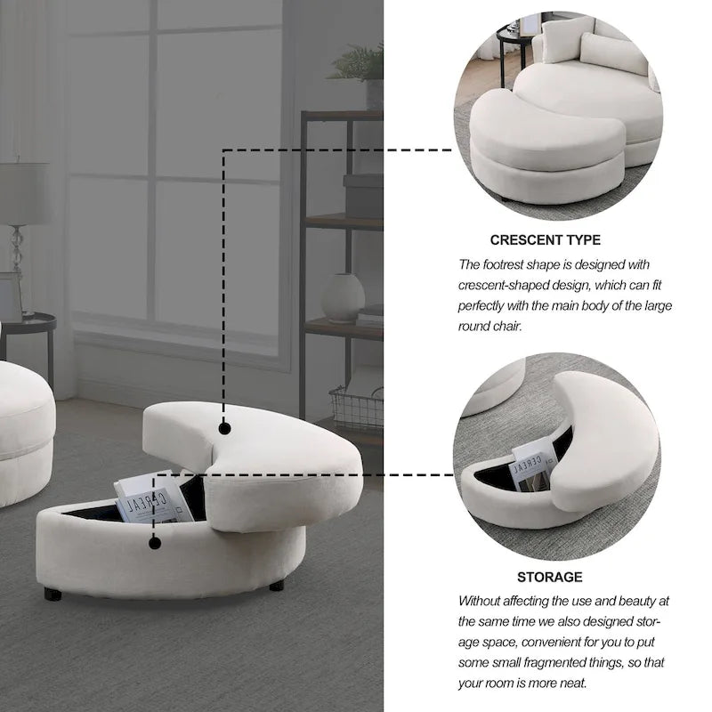 Fauteuil rond et grand Welike Swivel Accent Barrel, canapé moderne gris, avec pouf de rangement
