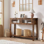Table d'entrée Whizmax, Console en bois avec 2 tiroirs en verre, Table de canapé à 2 niveaux avec rangement pour salon, Tables de hall pour entrée