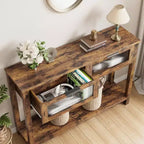 Table d'entrée Whizmax, Console en bois avec 2 tiroirs en verre, Table de canapé à 2 niveaux avec rangement pour salon, Tables de hall pour entrée