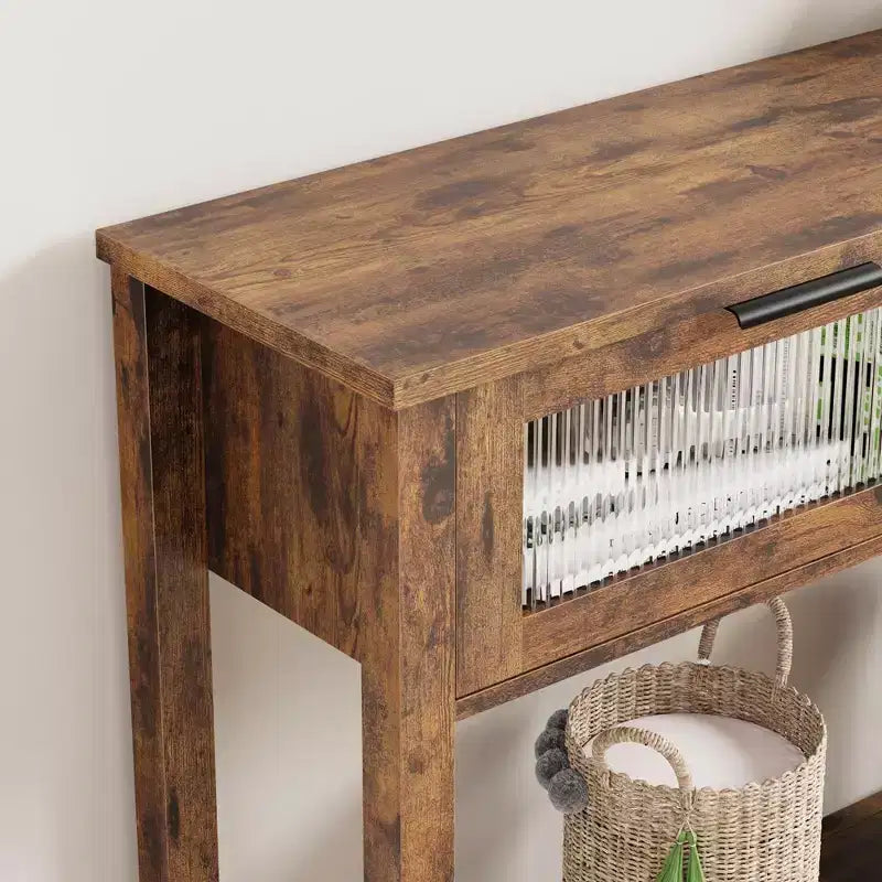 Table d'entrée Whizmax, Console en bois avec 2 tiroirs en verre, Table de canapé à 2 niveaux avec rangement pour salon, Tables de hall pour entrée