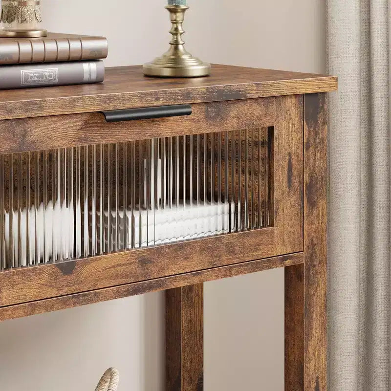 Table d'entrée Whizmax, Console en bois avec 2 tiroirs en verre, Table de canapé à 2 niveaux avec rangement pour salon, Tables de hall pour entrée