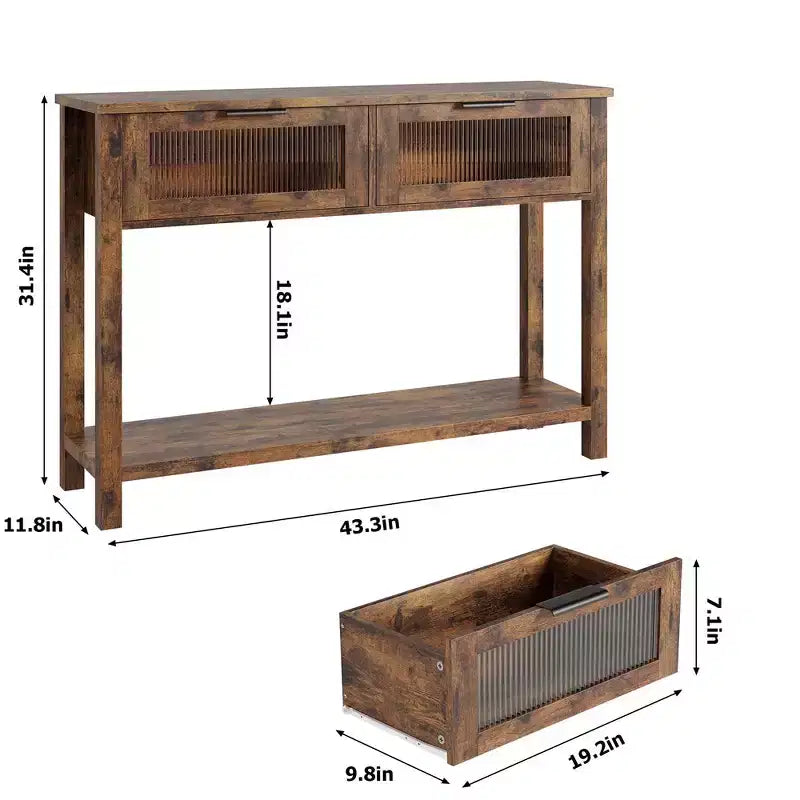 Table d'entrée Whizmax, Console en bois avec 2 tiroirs en verre, Table de canapé à 2 niveaux avec rangement pour salon, Tables de hall pour entrée