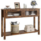 Table d'entrée Whizmax, Console en bois avec 2 tiroirs en verre, Table de canapé à 2 niveaux avec rangement pour salon, Tables de hall pour entrée