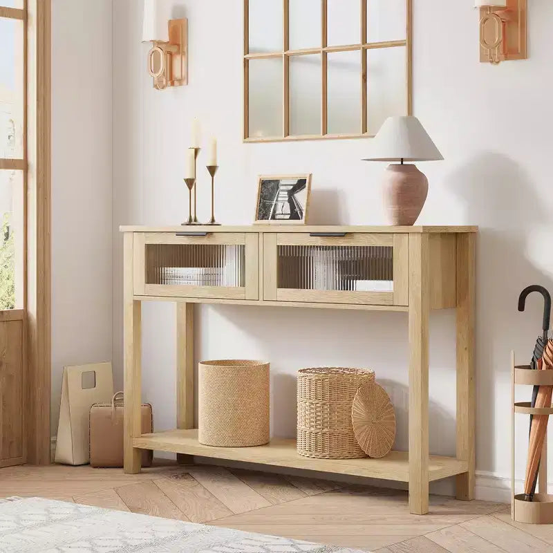 Table d'entrée Whizmax, Console en bois avec 2 tiroirs en verre, Table de canapé à 2 niveaux avec rangement pour salon, Tables de hall pour entrée