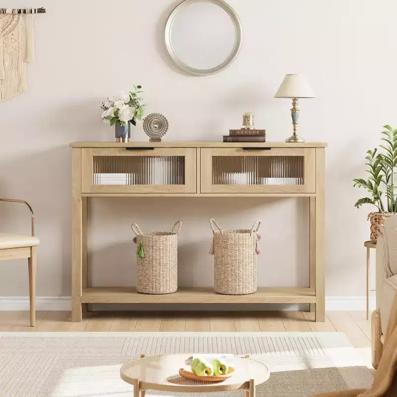 Table d'entrée Whizmax, Console en bois avec 2 tiroirs en verre, Table de canapé à 2 niveaux avec rangement pour salon, Tables de hall pour entrée
