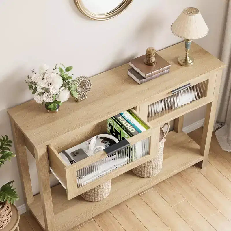 Table d'entrée Whizmax, Console en bois avec 2 tiroirs en verre, Table de canapé à 2 niveaux avec rangement pour salon, Tables de hall pour entrée