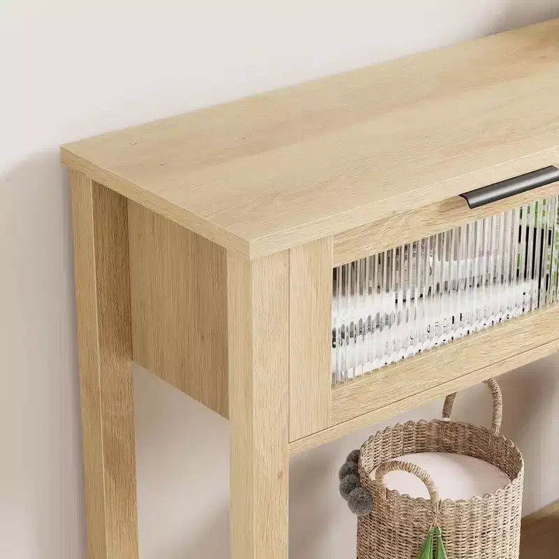 Table d'entrée Whizmax, Console en bois avec 2 tiroirs en verre, Table de canapé à 2 niveaux avec rangement pour salon, Tables de hall pour entrée
