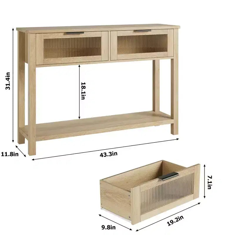 Table d'entrée Whizmax, Console en bois avec 2 tiroirs en verre, Table de canapé à 2 niveaux avec rangement pour salon, Tables de hall pour entrée