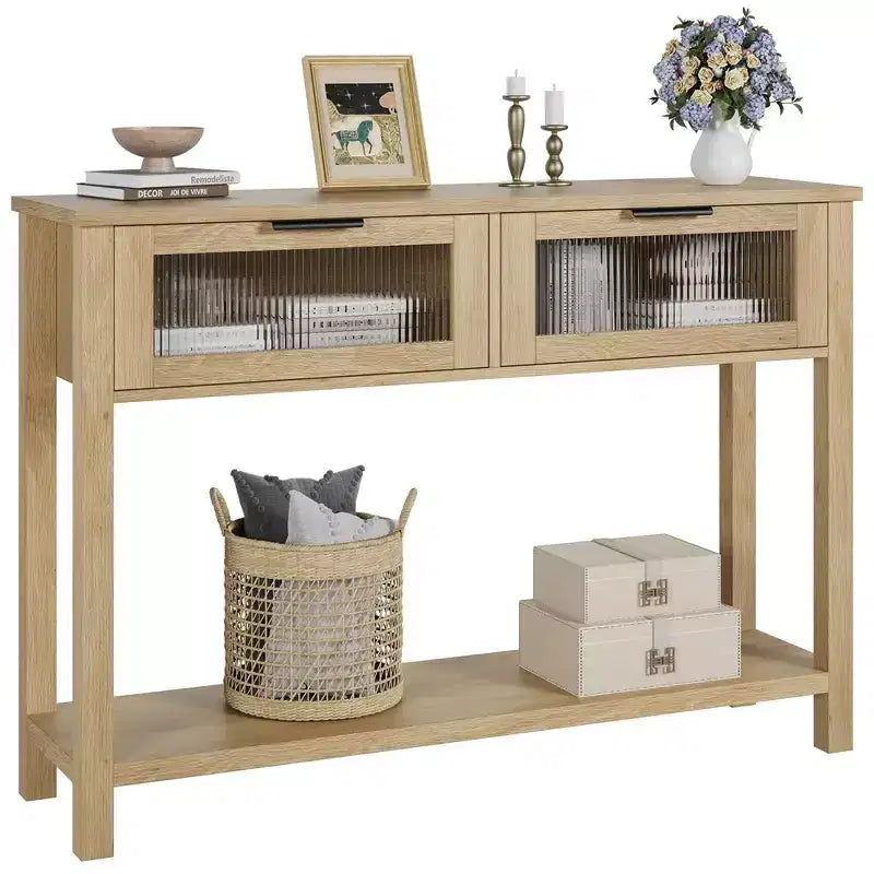 Table d'entrée Whizmax, Console en bois avec 2 tiroirs en verre, Table de canapé à 2 niveaux avec rangement pour salon, Tables de hall pour entrée
