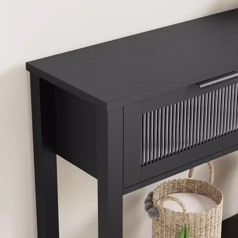 Table d'entrée Whizmax, Console en bois avec 2 tiroirs en verre, Table de canapé à 2 niveaux avec rangement pour salon, Tables de hall pour entrée