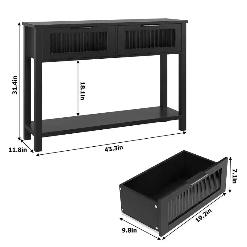 Table d'entrée Whizmax, Console en bois avec 2 tiroirs en verre, Table de canapé à 2 niveaux avec rangement pour salon, Tables de hall pour entrée