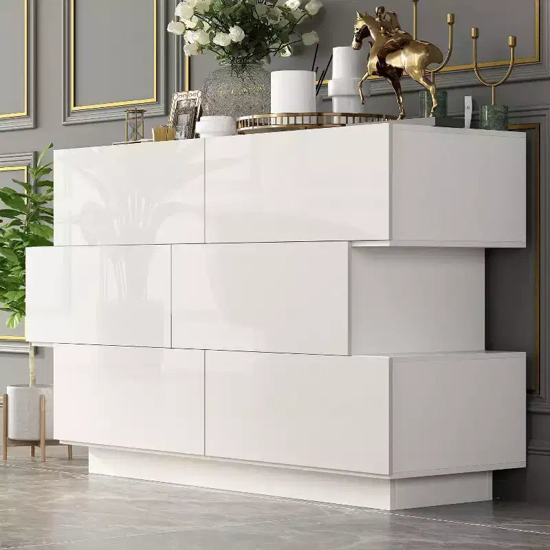 Famapy Glossy Chest of Drawers Polished 6 Drawer Dresser Modern & Contemporary Style White
