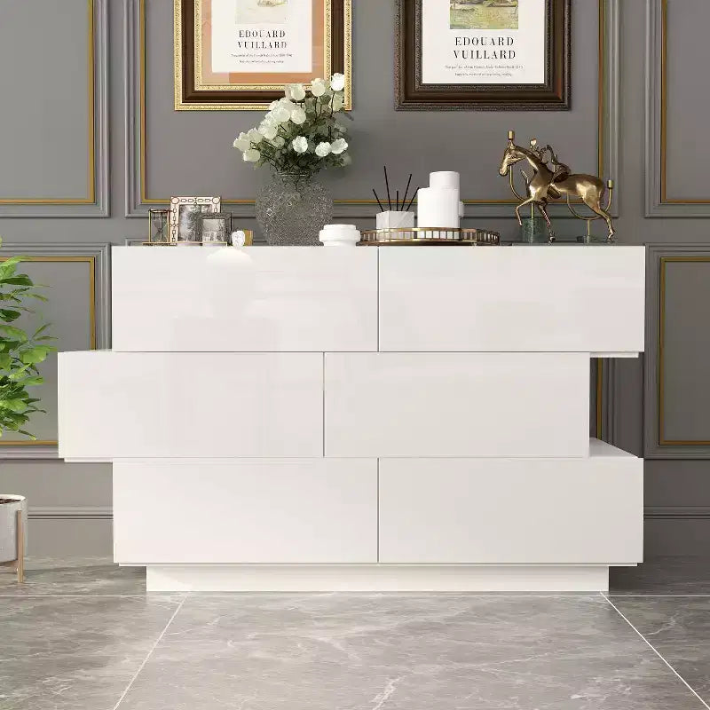 Commode brillante Famapy avec 6 tiroirs, style moderne et contemporain, couleur blanche