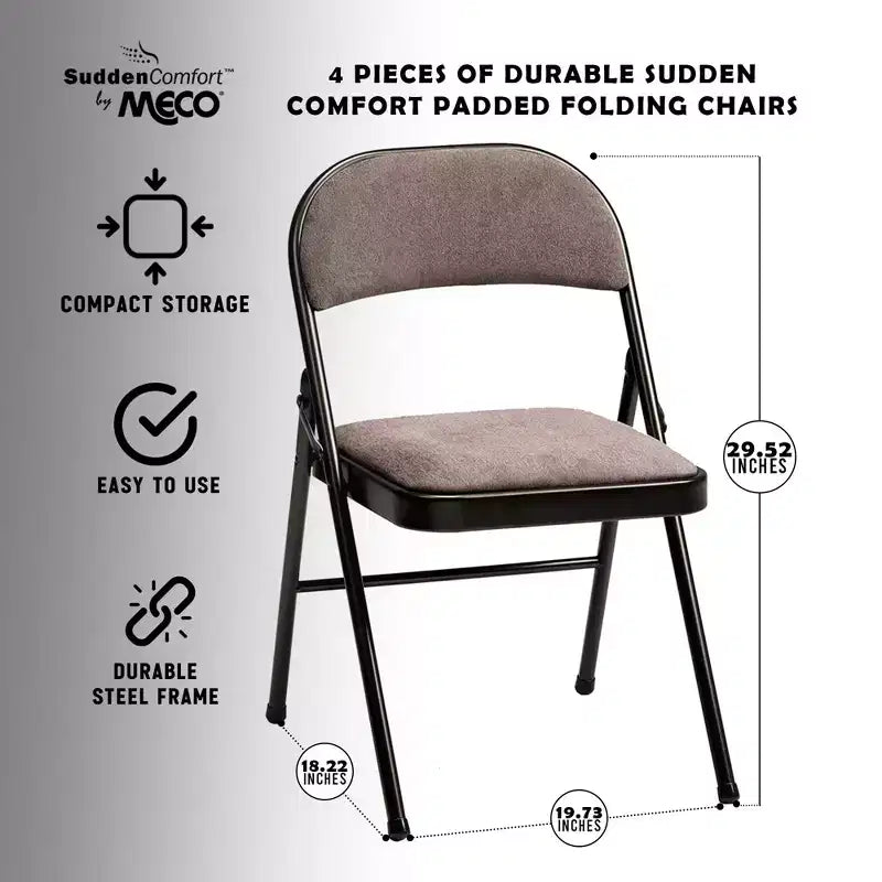 MECO Lot de 4 chaises pliantes rembourrées de luxe Sudden Comfort avec assise de 40,6 x 40,6 cm et patins de protection pour les pieds