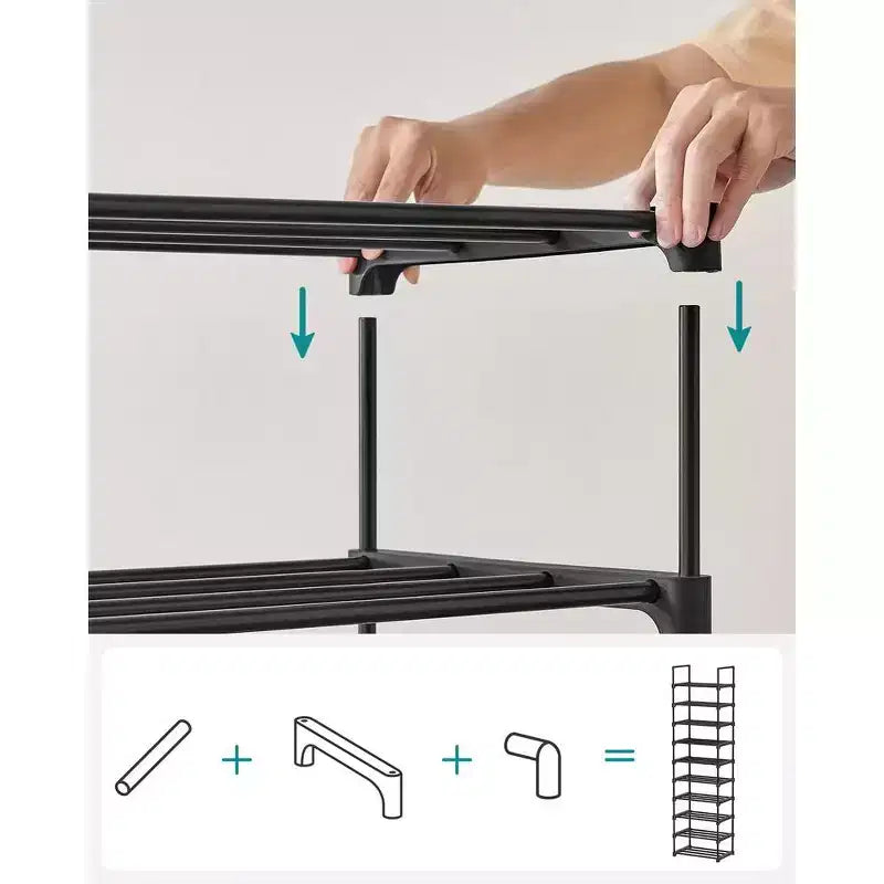 SONGMICS Étagère à chaussures, Organisateur de chaussures à 10 niveaux, Meuble de rangement pour 20 paires de chaussures, Facile à monter, Entrée, Noir