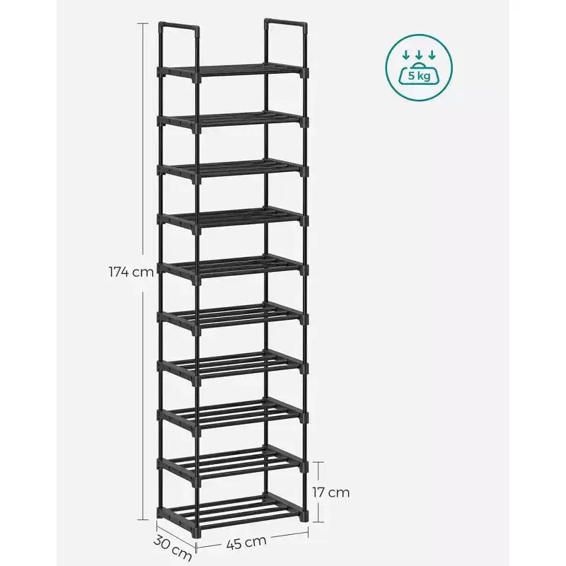 SONGMICS Étagère à chaussures, Organisateur de chaussures à 10 niveaux, Meuble de rangement pour 20 paires de chaussures, Facile à monter, Entrée, Noir