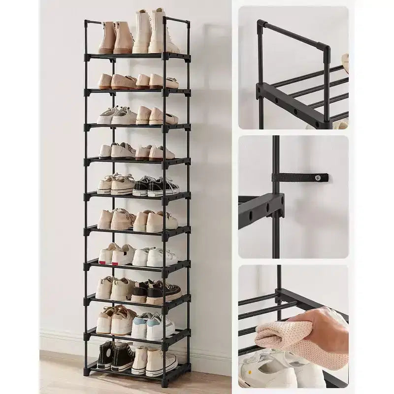SONGMICS Étagère à chaussures, Organisateur de chaussures à 10 niveaux, Meuble de rangement pour 20 paires de chaussures, Facile à monter, Entrée, Noir