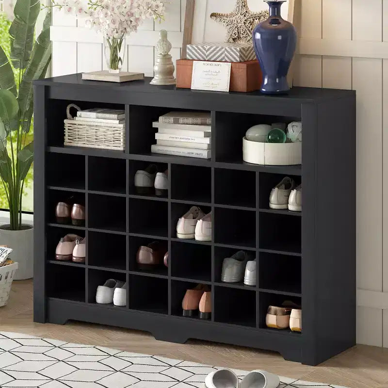 Meuble à chaussures avec base incurvée Grande capacité Meuble à chaussures autonome avec 24 compartiments Organisateur en bois pour entrée, chambre, salon