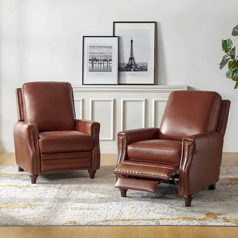 Fauteuil inclinable en cuir véritable de style Mid-century moderne avec garniture cloutée (lot de 2) par HULALA HOME