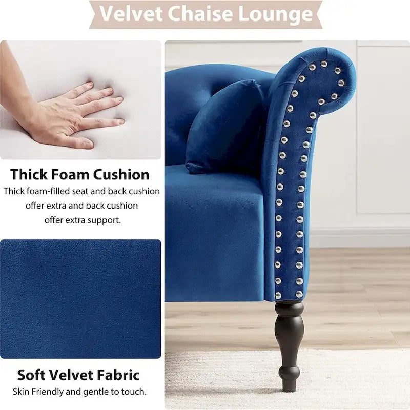 Chaise longue en velours 61 po avec 1 oreiller et garniture cloutée
