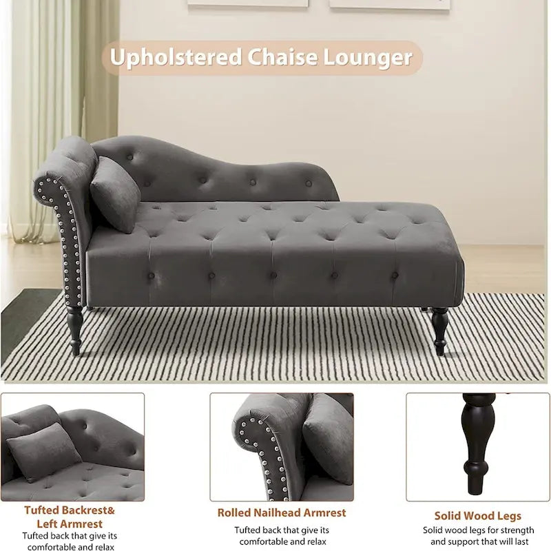 Chaise longue en velours 61 po avec 1 oreiller et garniture cloutée