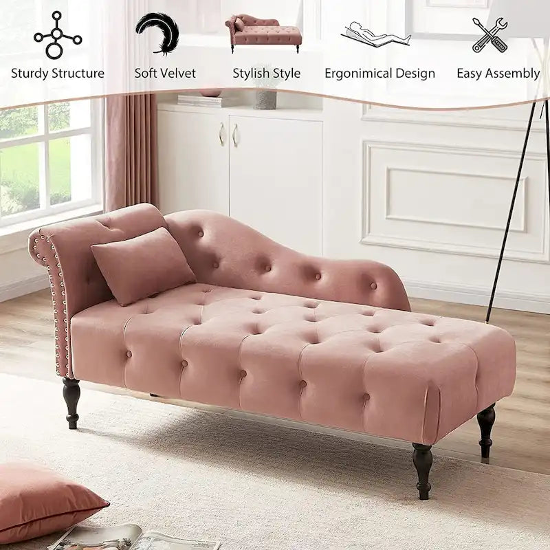 Chaise longue en velours 61 po avec 1 oreiller et garniture cloutée