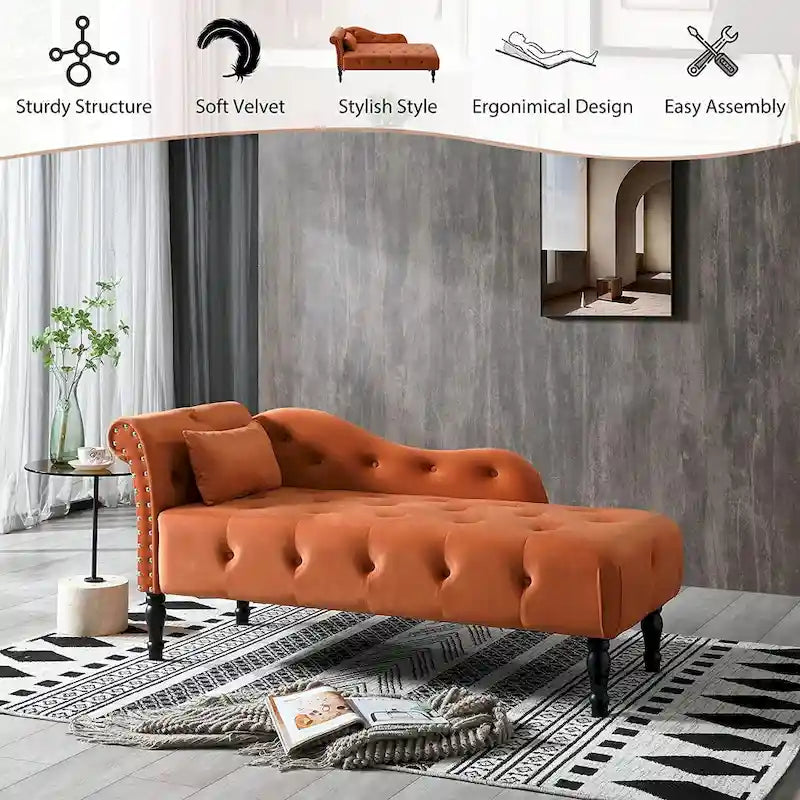 Chaise longue en velours 61 po avec 1 oreiller et garniture cloutée