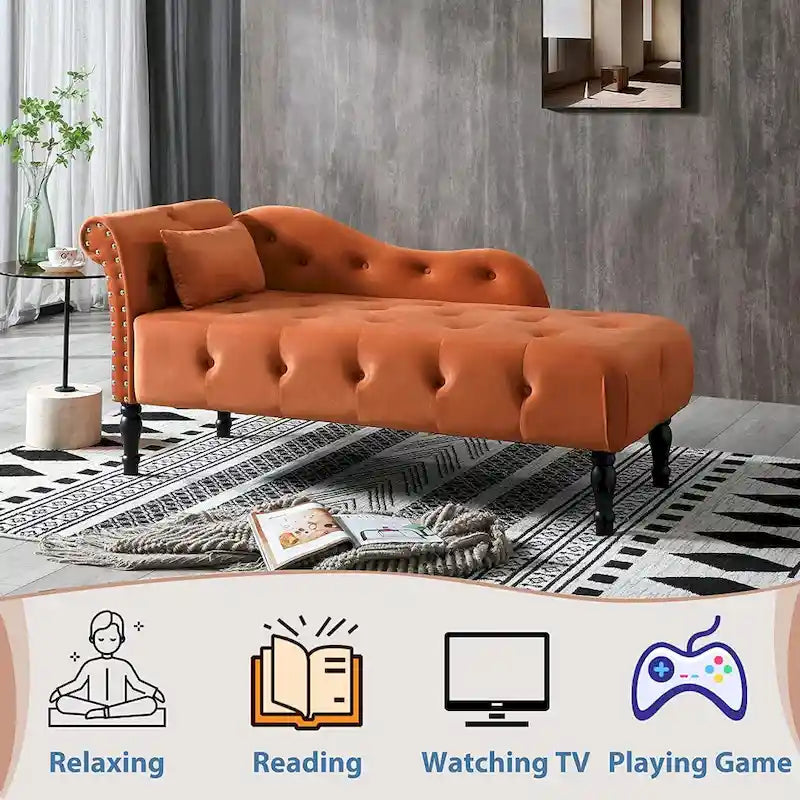 Chaise longue en velours 61 po avec 1 oreiller et garniture cloutée