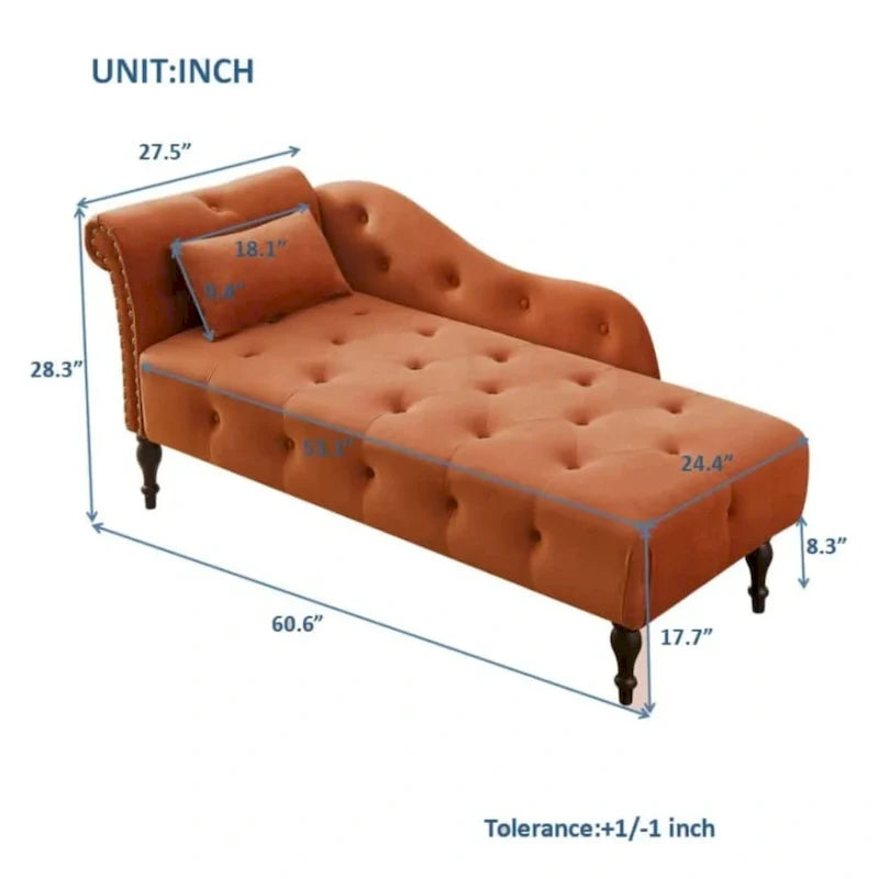 Chaise longue en velours 61 po avec 1 oreiller et garniture cloutée