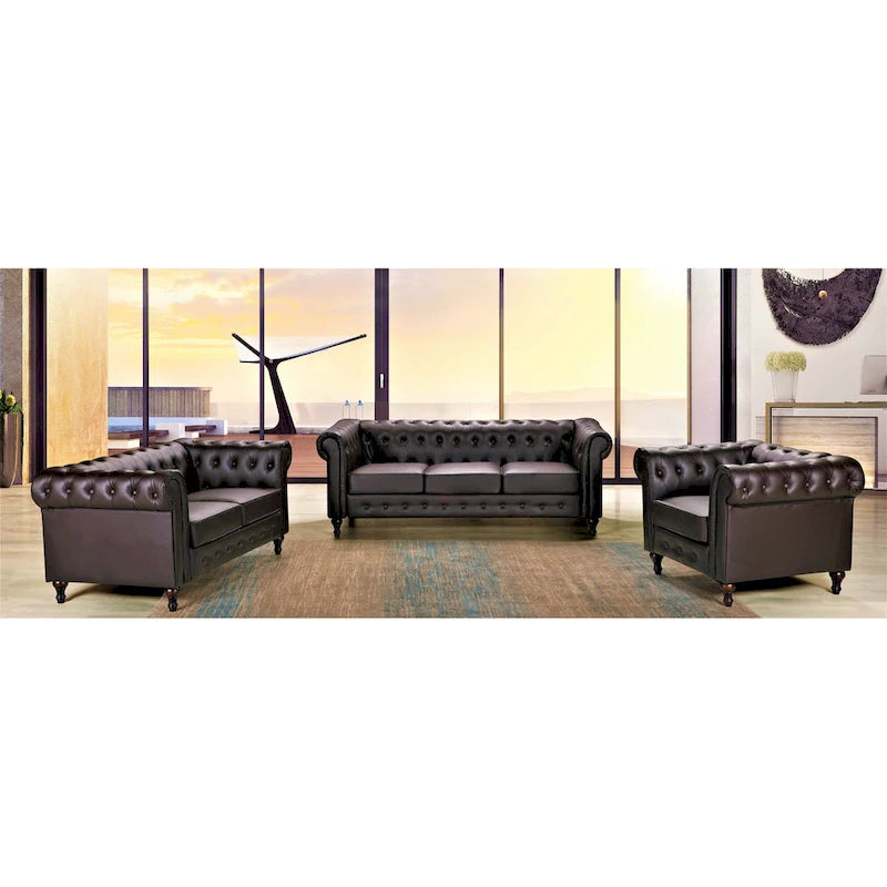 Ensemble de salon 3 pièces Brooks Classic Chesterfield – Fauteuil, causeuse et canapé
