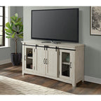 Meuble télé console Brookhaven de 65 po en bois massif avec porte de grange – 35 po de haut x 65 po de large x 19 po de profond