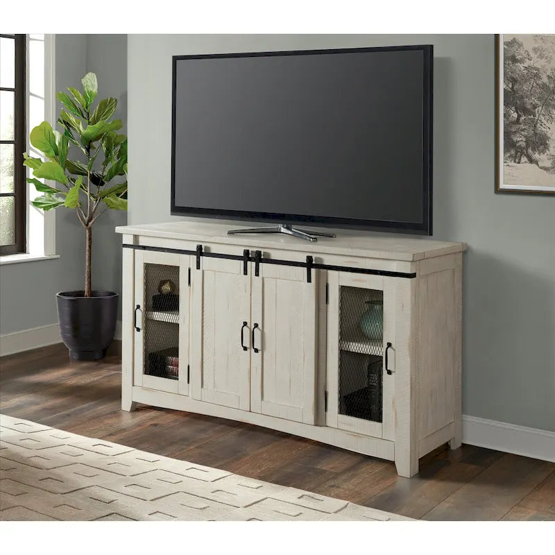 Meuble télé console Brookhaven de 65 po en bois massif avec porte de grange – 35 po de haut x 65 po de large x 19 po de profond