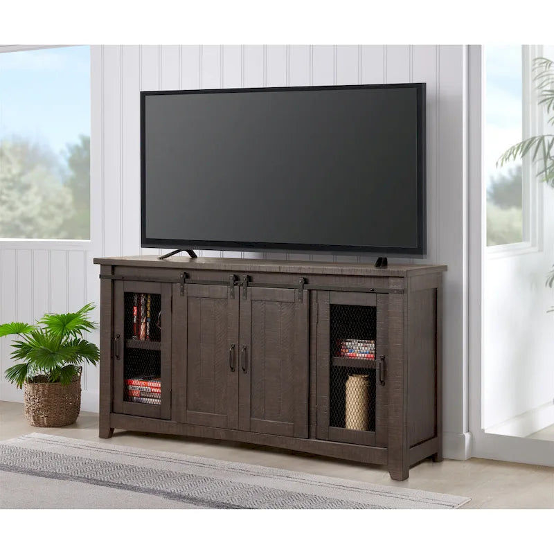 Meuble télé console Brookhaven de 65 po en bois massif avec porte de grange – 35 po de haut x 65 po de large x 19 po de profond