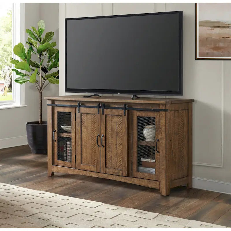 Meuble télé console Brookhaven de 65 po en bois massif avec porte de grange – 35 po de haut x 65 po de large x 19 po de profond