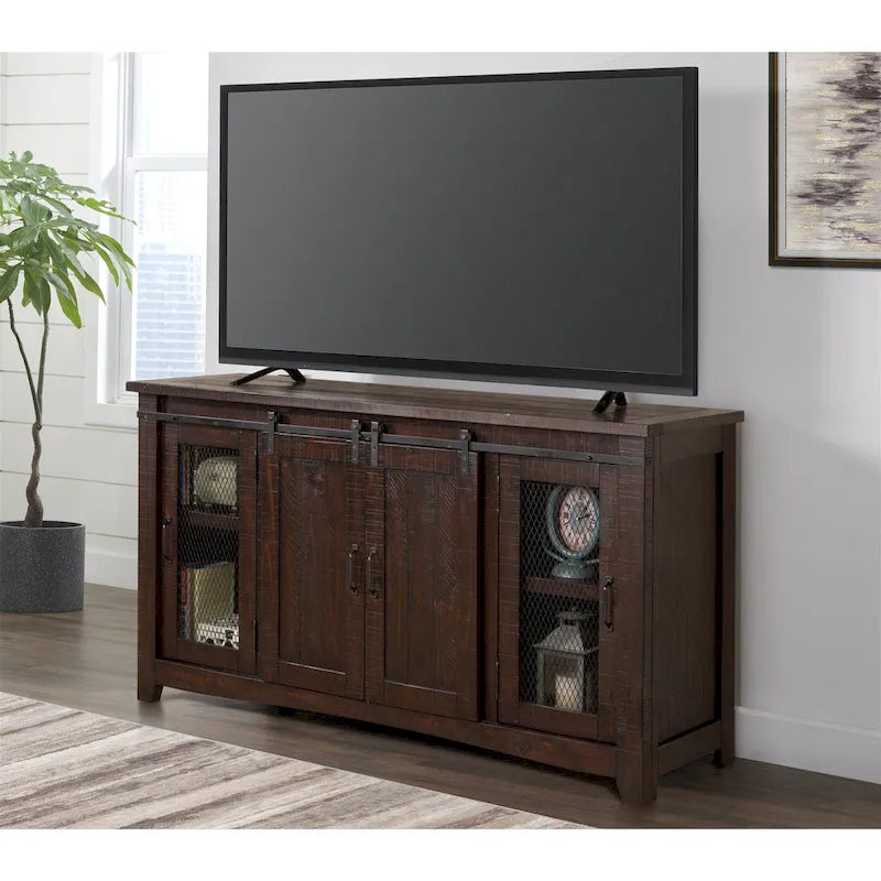 Meuble télé console Brookhaven de 65 po en bois massif avec porte de grange – 35 po de haut x 65 po de large x 19 po de profond