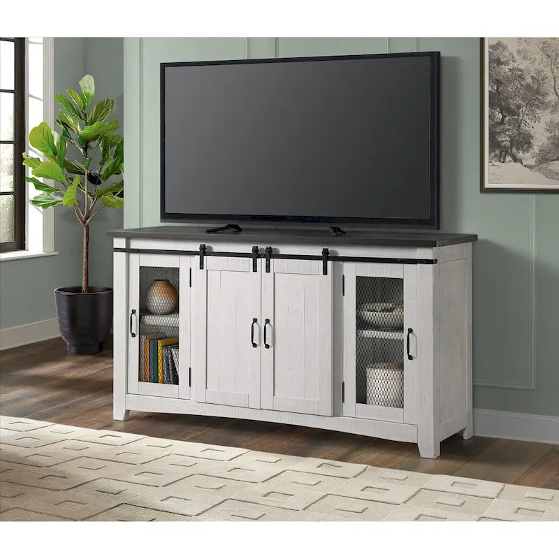 Meuble télé console Brookhaven de 65 po en bois massif avec porte de grange – 35 po de haut x 65 po de large x 19 po de profond