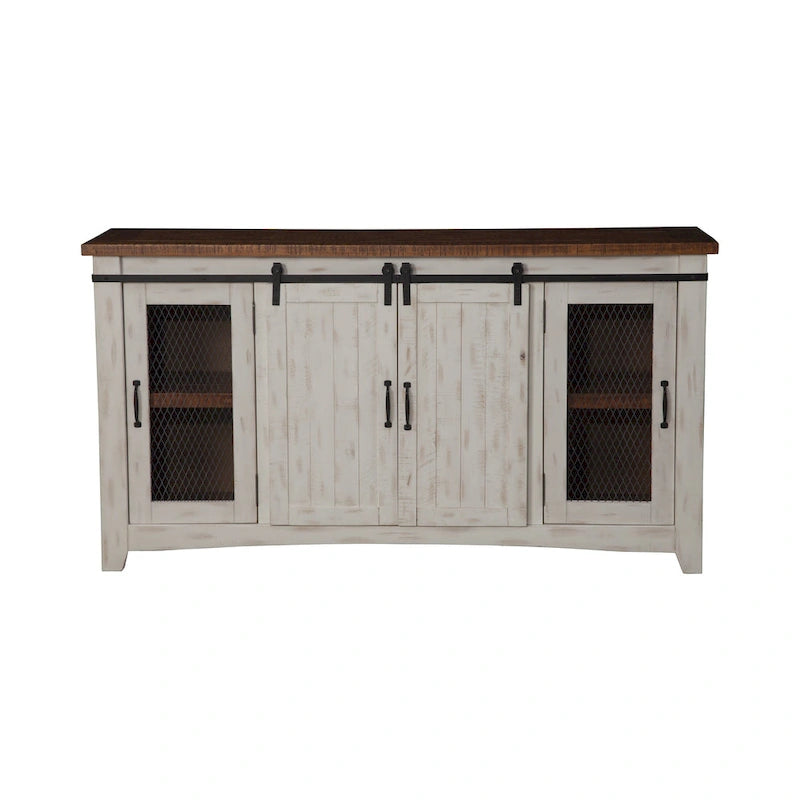 Meuble télé console Brookhaven de 65 po en bois massif avec porte de grange – 35 po de haut x 65 po de large x 19 po de profond