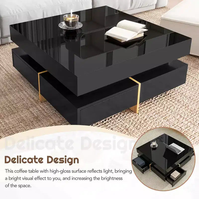 Table basse moderne brillante avec 4 tiroirs, table de thé/cocktail carrée multi-rangements, table d'appoint, abstraite, noire, 80 cm, 0,8 m