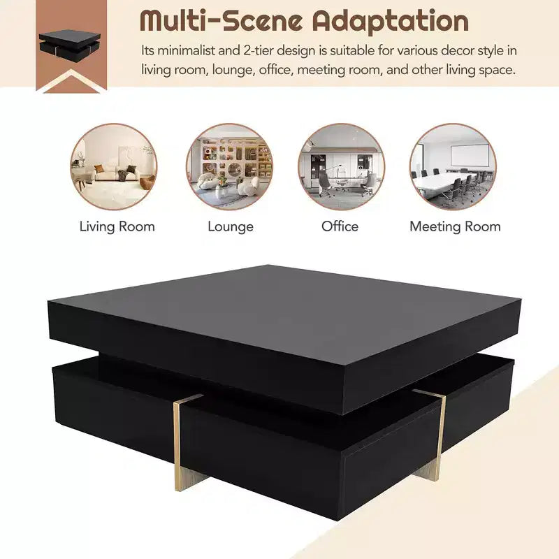 Table basse moderne brillante avec 4 tiroirs, table de thé/cocktail carrée multi-rangements, table d'appoint, abstraite, noire, 80 cm, 0,8 m