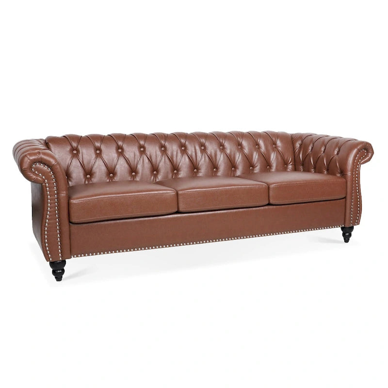 Canapé Chesterfield en similicuir à accoudoirs roulés avec coussins amovibles