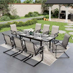 Ensemble de salle à manger 9 pièces, 1 table extensible en métal et 8 chaises en textilène à ressorts oscillants