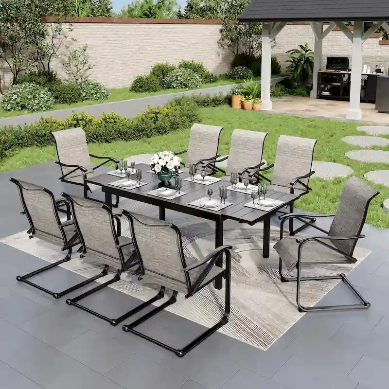 Ensemble de salle à manger 9 pièces, 1 table extensible en métal et 8 chaises en textilène à ressorts oscillants