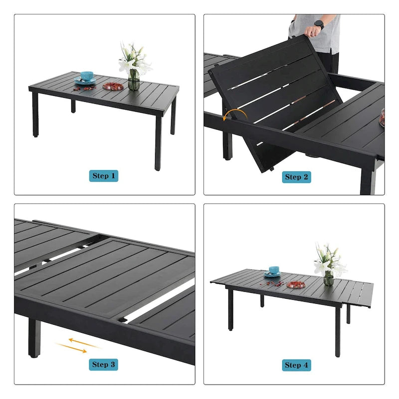 Ensemble de salle à manger 9 pièces, 1 table extensible en métal et 8 chaises en textilène à ressorts oscillants