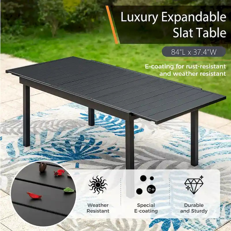 Ensemble de salle à manger 9 pièces, 1 table extensible en métal et 8 chaises en textilène à ressorts oscillants