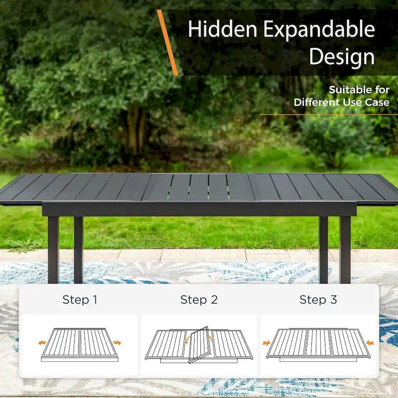 Ensemble de salle à manger 9 pièces, 1 table extensible en métal et 8 chaises en textilène à ressorts oscillants