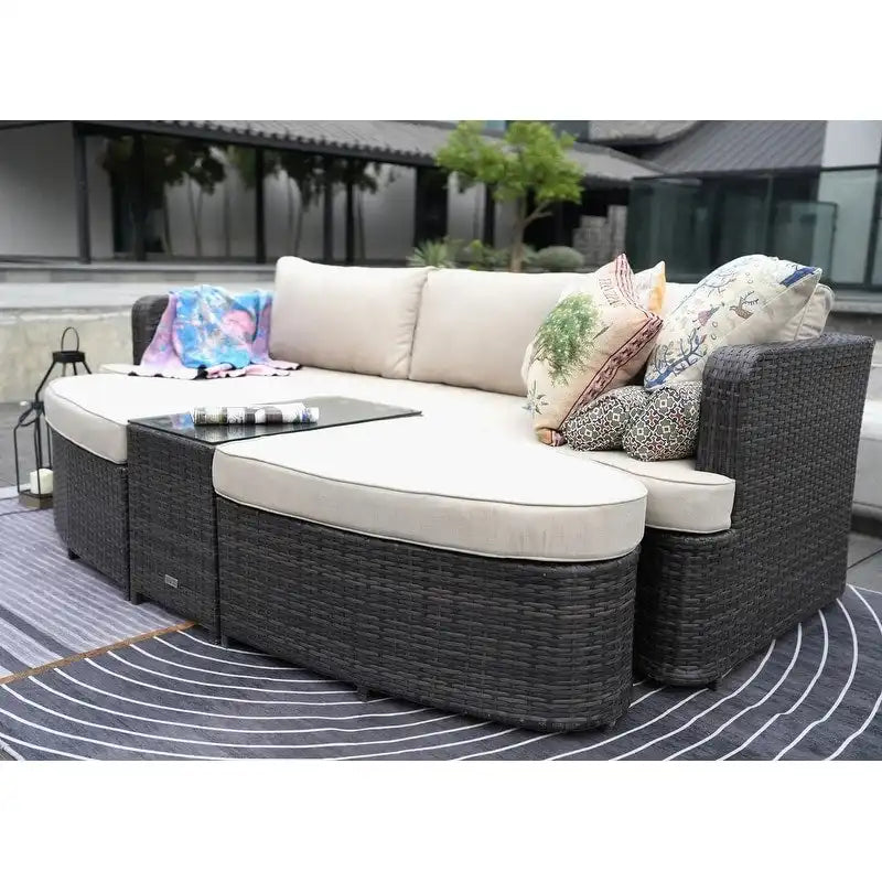 Ensemble de 9 pièces de lit de repos en osier pour patio avec table brasero en béton